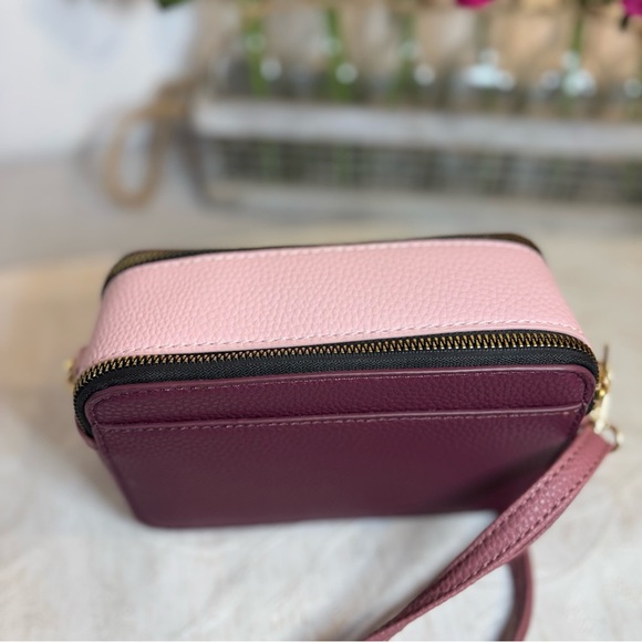 Kedzie Modernist Vegan Leather Double Zipper Small Crossbody. Wine color. - Picture 9 of 11